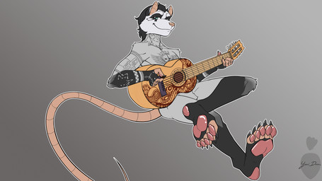 acoustic_guitar anthro arm_tattoo barefoot black_body black_fur black_hair chest_tattoo claws feet fur grey_body grey_fur grin guitar hair long_tail looking_at_viewer male musical_instrument pawpads pink_pawpads plucked_string_instrument smile solo string_instrument tail tattoo tattoo_on_neck toes yanidesu ammon_hanza sebastian_khandov american_opossum mammal marsupial virginia_opossum 16:9 2021 hi_res signature widescreen
