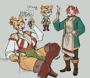 accessory anthro big_breasts boots bottomwear breasts cleavage clothed clothing dialogue duo ear_piercing ear_ring extreme_size_difference female female_anthro footwear freckled_face freckles fur hair hair_accessory hairband heart_symbol jewelry kerchief larger_anthro larger_female legwear loincloth macro macro_anthro macro_female micro_between_fingers neckerchief necklace neckwear one_eye_closed piercing ponytail red_hair ring_piercing shoes simple_background size_difference smaller_female smaller_human smile speech_bubble tail tan_body tan_fur teasing text thick_thighs tongue tongue_out topwear white_background wide_hips wink winking_at_another yellow_body yellow_fur attakoii clara_(attakoii) melon_(attakoii) canid canine fox human mammal digital_media_(artwork) english_text hi_res signature