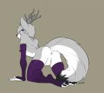 2015 absurd_res all_fours anthro antlers anus armwear balls blue_eyes butt canid canine caninelove clothed clothing crossdressing deer digital_media_(artwork) elbow_gloves femboy fingerless_gloves fox fur genitals gloves grey_body grey_fur handwear hi_res horn hybrid legwear looking_back male mammal nipple_piercing nipples piercing siaetto solo thigh_highs