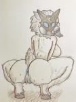 anthro anus big_butt blue_anus blue_eyes breasts butt crouching dipstick_ears ear_markings empty_eyes female female_anthro floppy_ears fur genitals hair hooves looking_at_viewer looking_back lop_ears mask mask_only multicolored_ears nude nude_anthro nude_female presenting presenting_anus presenting_pussy pussy simple_background solo thick_thighs unguligrade wearing_mask white_background white_body white_fur white_hair crybabytomix league_of_legends riot_games tencent kindred_(lol) lamb_(lol) bovid caprine mammal sheep hi_res spot_color traditional_media_(artwork)