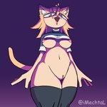 blonde_hair breasts clothing female genitals hair legwear looking_at_viewer nipples pussy red_eyes shirt solo stockings tail topwear under_boob yellow_tail mechtal tsukihime type-moon neco-arc felid feline humanoid mammal 1:1 absurd_res hi_res