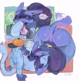 annoyed balls baseball_cap big_butt blue_body blush blushing_profusely body_blush butt butt_blush clothing deep_throat deepthroat_training dialogue fellatio fishhooking frustrated fully_inside genitals hand_in_mouth hat headgear headwear licking male male/male male_penetrated male_penetrating male_penetrating_male oral oral_penetration outside outside_sex penetration penile penile_penetration penis penis_in_face penis_in_mouth sex speech_bubble tail tail_motion tailwag text thick_penis thick_thighs tight_fit tongue tongue_out tongue_out_fellatio wide_hips halo-pano nintendo pokemon kieran_(issah_wywin) pokemon_trainer atelid generation_4_pokemon haplorhine lucario mammal monkey new_world_monkey pokemon_(species) primate spider_monkey absurd_res english_text hi_res