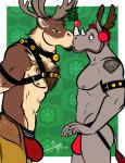 anthro anthro_on_anthro antlers beard chaps clothing duo facial_hair hair harness horn jockstrap kiss_on_lips kissing kissing_bough male male/male mistletoe muscular muscular_male plant red_hair simple_background surprise tattoo underwear bgn isaiah ozzy_fitch deer mammal new_world_deer reindeer rhinoceros 2015 hi_res slideshow