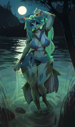 anthro bikini biped blue_eyes breasts clothed clothing detailed_background eyewear female fur glasses looking_at_viewer multicolored_body night outside solo swimwear two-piece_swimsuit water wide_hips bonifasko miliam_(genemon) canid canine canis mammal wolf hi_res