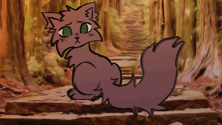 :< ambiguous_gender brown_body brown_fur brown_tail detailed_background feral fluffy fluffy_tail forest forest_background fur green_eyes monotone_body monotone_fur narrowed_eyes nature nature_background plant shy solo squint tail tree wispyvixen domestic_cat felid feline felis mammal 16:9 2023 2d_animation animated hi_res loop widescreen