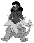 4_toes bikini bikini_top black_hair clothing dark_body dark_skin feet female fusion gesture hair hand_gesture happy mane paws pointing raised_paw simple_background smile solo swimwear tail toes two-piece_swimsuit white_background desire_arts cartoon_network steven_universe connie_maheswaran lion_(steven_universe) humanoid_taur taur 2020 4:5 digital_media_(artwork) greyscale hi_res monochrome