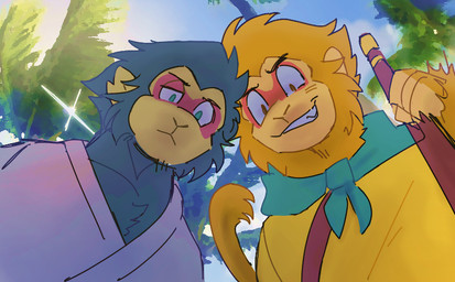 anthro asian_clothing blue_body blue_eyes blue_fur brown_eyes chest_tuft clothing cloud detailed_background duo east_asian_clothing facial_markings fur glare_(lighting) hairless_face hairless_hands head_markings kerchief looking_at_viewer looking_down looking_down_at_viewer male markings multi_ear neckerchief neckwear orange_body orange_fur outside palm_tree philtrum plant sky smile smirk snout staff sun_glare tail teal_eyes tree tuft snake_venom journey_to_the_west six-eared_macaque sun_wukong haplorhine lion-tailed_macaque macaque mammal monkey old_world_monkey primate rhesus_macaque