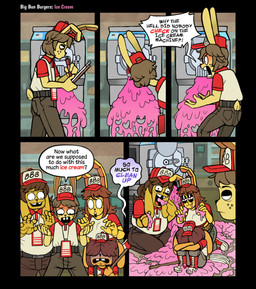 anthro baseball_cap cleaning_tool clothing dessert eating fast_food fast_food_employee fast_food_uniform female food hat headgear headwear ice_cream male mop text text_on_baseball_cap text_on_clothing text_on_hat text_on_headwear work_clothes work_uniform ponehanon big_bun_burgers claire_(ponehanon) dale_(ponehanon) dun_(ponehanon) george_(ponehanon) lagomorph leporid mammal rabbit english_text hi_res