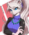 abstract_background anthro bangs blue_eyes breasts cheek_tuft claws clothed clothing collarbone eyebrow_through_hair eyebrows eyelashes facial_tuft female front_view fully_clothed fur gem grey_body grey_fur hair hair_between_eyes hand_on_arm jewelry kemono long_hair looking_away medium_breasts neck_tuft necklace open_mouth ponytail purple_clothing ribbed_clothing ribbed_sweater silver_claws silver_hair solo sweater topwear translucent translucent_hair tuft turtleneck nogi mammal mouse murid murine rodent 2015 digital_media_(artwork) signature