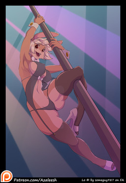 anthro belly bent_leg big_eyes black_clothing black_panties black_underwear bow_tie breasts brown_clothing brown_legwear brown_thigh_highs buckteeth clothing countershade_belly countershade_face countershade_legs countershading cuff_links cuffs_(clothing) dancing exposure_variation female footwear garter_straps high_heels legwear long_ears navel open_mouth panties pink_nose platform_footwear platform_heels pole pole_dancing rabbit_ears red_eyes shoes solo squish straight_leg stripper_pole teeth text thigh_highs thigh_squish underwear white_bow_tie white_clothing white_footwear white_high_heels azaleesh lo lagomorph leporid mammal rabbit hi_res url