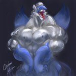 blue_body bodily_fluids dripping flexing male muscular muscular_male open_mouth pecs pose saliva saliva_drip saliva_on_tongue teeth tongue tongue_out white_body wings drakei nintendo pokemon generation_3_pokemon latios legendary_pokemon pokemon_(species) hi_res