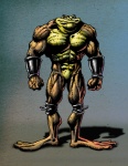 3_toes 4_fingers abs anthro armor barefoot biceps big_muscles biped brown_body brown_skin featureless_crotch feet fingers fist front_view looking_at_viewer male mostly_nude muscular muscular_anthro muscular_male nude pecs pose simple_background smile solo toes vambrace yellow_body yellow_skin unknown_artist battletoads rareware pimple_(battletoads) amphibian frog toad_(frog)