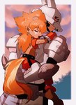 anthro armor carrying_another duo hair long_hair male piggyback red_hair scarf sleeping takedaconomi2 bandai_namco digimon digimon_frontier digimon_(species) flamemon humanoid lobomon hi_res