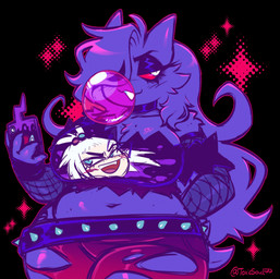 alternative_fashion anthro belly belt big_breasts blowing_bubble_gum breasts bubble_gum choker clothing electronics eye_bags eyeshadow female fishnet_clothing goth gym_leader hair hair_over_eye jewelry long_hair makeup necklace phone purple_body red_eyes slightly_chubby solo studded_belt studs torn_clothing toxicsoul77 nintendo pokemon roxie_(pokemon) generation_1_pokemon generation_4_pokemon gengar pokemon_(species) rotom rotom_phone absurd_res hi_res