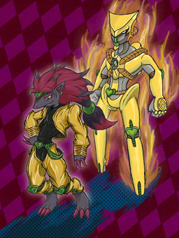 abstract_background accessory anthro aura belt black_body black_fur bottomwear clothing duo ear_piercing ear_ring fur green_headband grey_body grey_fur hair headband jacket knee_pads long_hair male pants piercing red_hair ring_piercing topwear yellow_body yellow_bottomwear yellow_clothing yellow_eyes yellow_jacket_(clothing) yellow_pants yellow_topwear rekstheenigma jojo's_bizarre_adventure nintendo pokemon dio_brando the_world_(jjba) deoxys dialga generation_3_pokemon generation_4_pokemon generation_5_pokemon hybrid_pokemon legendary_pokemon pokemon_(species) zoroark hi_res