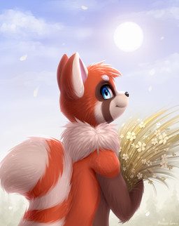 ambiguous_gender anthro arm_tuft black_nose blue_eyes blue_sky brown_body brown_fur closed_smile cloud elbow_tuft flower fur glistening glistening_nose head_tuft mouth_closed orange_body orange_ears orange_fur orange_tail plant sky smile solo sun tail tuft white_body white_ears white_flower white_fur white_tail bloominglynx ailurid mammal red_panda 2021 absurd_res hi_res