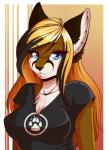 anthro black_clothing black_shirt black_topwear blue_eyes breasts chest_tuft clothing eyebrows eyelashes female footprint fur hair inner_ear_fluff looking_at_viewer multicolored_hair pawprint shirt smile solo topwear tuft aimi canid canine fox mammal digital_media_(artwork) hi_res shaded