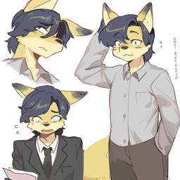 anthro black_bottomwear black_clothing black_pants blue_hair blush blush_stickers bottomwear clothing collared_shirt dress_shirt fur hair male necktie pants paper shirt simple_background solo suit topwear white_background yellow_body yellow_fur sanjiro canid canine fox mammal 1:1 2021 dated