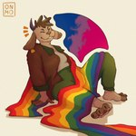 ambiguous_gender anthro barefoot bisexual_pride_colors bottomwear brown_body brown_fur brown_hair clothing ear_piercing ear_tag eyes_closed feet flag flag_(object) fur hair horn lgbt_pride piercing pride_colors short_hair simple_background solo topwear moomoonjun gus_(moomoonjun) bovid canid canine canis caprine domestic_dog hybrid mammal 1:1 2023 digital_drawing_(artwork) digital_media_(artwork) hi_res watermark