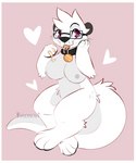 anthro bagel_bites big_breasts border breasts cheese collar dairy_products eyewear female fluffy food food_on_breasts fur glasses hair heart_symbol messy red_eyes solo white_body white_border white_fur kitsuakari nashi_(kitsuakari) mammal mustelid otter hi_res nonbinary_(lore)