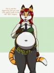 belly big_belly bodily_noises clothing deep_navel dialogue female hair irish long_hair looking_at_viewer navel necktie onomatopoeia red_hair rumbling_stomach solo sound_effects stuffing suit talking_to_viewer text americananomaly_(artist) riley_o'shane canid canine canis domestic_dog felid feline hunting_dog hybrid lynx mammal saluki sighthound 2017 2018 english_text hi_res