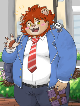 anthro backpack belly big_belly blush book bottomwear clothing detailed_background duo humanoid_hands kemono male necktie outside overweight overweight_male pants shirt topwear wings siokun_dayoo lifewonders tokyo_afterschool_summoners vapula_(tas) felid lion mammal pantherine 2022 3:4 absurd_res hi_res