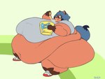 anthro belly big_belly big_breasts black_hair blue_eyes blue_hair bottomwear breasts brown_body brown_skin bucket chubby_cheeks clothing container deep_navel eating female flabby_arms food footwear hair holding_food holding_object hotpants huge_belly huge_breasts huge_hips huge_thighs hyper hyper_belly hyper_breasts hyper_hips hyper_thighs looking_aside looking_at_viewer love_handles morbidly_obese morbidly_obese_female morbidly_obese_humanoid mozzarella_sticks navel obese obese_female obese_humanoid orange_body orange_skin overweight overweight_female overweight_humanoid shirt shoes shorts simple_background sitting sneakers solo text thick_thighs three-quarter_view tight_bottomwear tight_clothing tight_shirt tight_shorts tight_topwear topwear wide_hips xero_(artist) brand_new_animal studio_trigger michiru_kagemori canid canine humanoid mammal procyonid raccoon_dog tanuki 2020 english_text hi_res signature