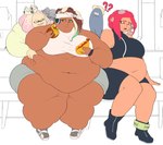 2018 accessory agent_8_(splatoon) animal_humanoid archived_source belly belly_grab belly_rolls belly_squish bench big_belly big_breasts boots bottomwear breasts burping cap'n_cuttlefish cephalopod cephalopod_humanoid chubby_cheeks clothed clothing crop_top crown dark_body dark_skin deep_navel double_chin eating eating_food electronics eye_contact facial_markings fat_arms fat_legs female female_focus food footwear fried_shrimp green_eyes groping_from_behind group hand_on_another's_belly hat head_markings headband headgear headphones headwear holding_food holding_object hoodie huge_belly huge_thighs humanoid inkling kafekafei ketchup larger_female larger_humanoid light_body light_skin looking_at_another love_handles marina_(splatoon) marine marine_humanoid markings mask_(marking) mollusk mollusk_humanoid morbidly_obese morbidly_obese_female morbidly_obese_humanoid narrowed_eyes navel nintendo not_furry obese obese_female obese_humanoid octarian octoling octopus_humanoid off_the_hook_(splatoon) on_bench open_mouth orange_eyes overweight overweight_female overweight_humanoid pearl_(splatoon) pseudo_hair question_mark shirt shoes shorts sitting sitting_on_bench size_difference smug smug_face sound_effects splatoon squid_humanoid squish suction_cup tan_body tan_skin teasing tentacle_hair tentacles thick_thighs tight_clothing topwear trio_focus weight_teasing wide_hips wristband yellow_eyes