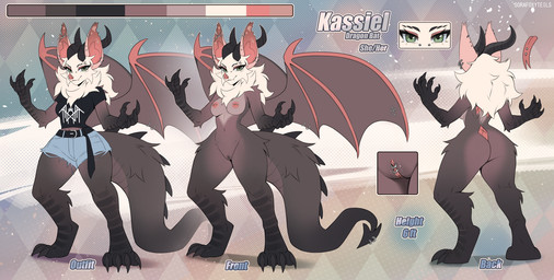 anthro areola barbell_piercing biped bottomwear breasts butt claws clitoral_hood clitoris clothed clothed_anthro clothed_female clothing digitigrade ear_piercing feet female female_anthro fingers front_view fully_clothed fully_clothed_anthro fully_clothed_female fur genital_piercing genitals hair horn humanoid_genitalia humanoid_vulva navel nipple_barbell nipple_piercing nipples nude nude_anthro nude_female pants piercing rear_view ring_piercing smile solo standing tail toes topwear vulva vulva_piercing vulva_ring wings sorafoxyteils mythology bat dragon hybrid mammal mythological_creature mythological_scalie scalie 2026 digital_drawing_(artwork) digital_media_(artwork) hi_res model_sheet