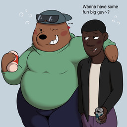 anthro arm_around_shoulders backwards_baseball_cap backwards_hat baseball_cap beverage black_bottomwear black_clothing black_eyes black_hair black_leggings black_legwear black_nose black_shirt black_topwear blush bottomwear brown_body brown_ears brown_fur brown_skin bubble can clothed clothing container drunk drunk_bubble duo eyewear eyewear_on_head flirting fur green_clothing green_shirt green_topwear grey_clothing grey_hat grey_headwear hair half-closed_eyes hand_in_pocket hat headgear headwear heart_symbol holding_beverage holding_can holding_container holding_object leggings legwear looking_at_another male male/male moobs narrowed_eyes obese obese_anthro obese_male one_eye_closed one_eye_half-closed overweight overweight_anthro overweight_male pants pockets purple_bottomwear purple_clothing purple_pants question_mark shirt smile substance_intoxication sunglasses sunglasses_on_head t-shirt teeth text three-quarter_view tongue topwear white_clothing white_shirt white_t-shirt white_topwear wink colossalstars cartoon_network we_bare_bears grizzly_(we_bare_bears) bear brown_bear grizzly_bear human mammal ursine 1:1 2025 digital_media_(artwork) english_text hi_res