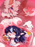 anthro belly big_belly big_breasts blue_body blue_fur breasts duo female fur heart_symbol inside_stomach kemono licking licking_lips nipples paws pink_body pink_fur pink_nipples smile solo tongue tongue_out vore white_body white_fur tianhua canid canine mammal 2025 hi_res