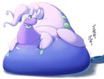 ambiguous_gender antennae_(anatomy) belly belly_inflation big_belly blush feral glistening green_eyes hose hose_inflation huge_belly hyper hyper_belly immobile inflation liquid_inflation looking_back lying motion_lines obese on_front overweight purple_body simple_background slime solo sound_effects tail text thick_tail thick_thighs translucent water_inflation yosioka_san nintendo pokemon generation_6_pokemon goodra pokemon_(species) 2018 4:3 absurd_res hi_res japanese_text