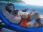 abs amber_eyes anthro barazoku beach beach_chair beard bedroom_eyes belt biceps black_hair body_hair bottomwear braided_hair chest_hair chest_tuft clothed clothing facial_hair fangs fur grey_body grey_fur hair hand_behind_head happy_trail holding_bottomwear holding_clothing holding_object inner_ear_fluff looking_at_viewer lying male muscular muscular_anthro muscular_male narrowed_eyes nipples on_back open_mouth outside pecs pubes quads seductive sharp_teeth shorts smile smiling_at_viewer solo tail tail_tuft teeth topless triceps tuft water hotitaliansosig final_fantasy final_fantasy_xiv square_enix felid hrothgar mammal 2021 4:3