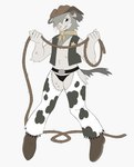 5_fingers animal_print anthro arm_tuft belt black_belt black_clothing black_eyes black_panties black_underwear boots bottomwear brown_boots brown_clothing brown_footwear brown_hat brown_headwear brown_topwear brown_vest button_ears clothed clothed_anthro clothed_male clothing cow_print cow_print_pants cowboy_boots cowboy_hat elbow_tuft fingers floppy_ears footwear fully_clothed fully_clothed_anthro fully_clothed_male fur grey_background grey_ears grey_hair grey_neck grey_spots grey_tail hair hat headgear headwear holding_object holding_rope humanoid_hands male markings panties pink_inner_ear pink_nose rope shoes simple_background solo spots spotted_body spotted_fur standing star tail topwear tuft underwear vest yakpup pup_(micerunt) canid canine canis domestic_dog mammal 2025 absurd_res digital_drawing_(artwork) digital_media_(artwork) full-length_portrait hi_res portrait trans_(lore) trans_man_(lore)
