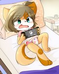 ambiguous_gender anthro bed blush clean_diaper clothed clothing diaper electronics feet furniture game_console holding_nintendo_switch lying open_mouth paws pillow solo toes wearing_diaper young young_anthro clyndemoon nintendo nintendo_switch domestic_cat felid feline felis mammal absurd_res hi_res