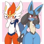 ambiguous_gender anthro blue_body blue_fur blush bodily_fluids chest_spike daww duo fur hand_holding spikes spikes_(anatomy) sweat sweatdrop acky05 nintendo pokemon cinderace generation_4_pokemon generation_8_pokemon lucario pokemon_(species) 1:1 2021 hi_res