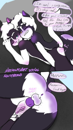 anal anal_penetration anthro anus balls bed bedroom bodily_fluids clitoral clitoral_masturbation cum cum_in_ass cum_inside dialogue duo female femboy furniture genital_fluids genitals male male/female masturbation penetration pillow speech_bubble vaginal_fluids nicholasart eleanor_(nicholasart) nicholas_(nicholasart) domestic_cat felid feline felis mammal hi_res incest_(lore) mother_(lore) mother_and_child_(lore) mother_and_son_(lore) parent_(lore) parent_and_child_(lore) parent_and_son_(lore) son_(lore)