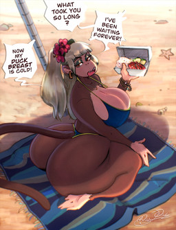 annoyed anthro beach beach_towel beach_umbrella big_breasts big_butt blonde_hair breasts butt cleavage clothed clothing dialogue ear_piercing ear_ring female hair huge_breasts huge_butt parasol piercing ring_piercing sharp_teeth sitting solo speech_bubble swimwear tail teeth text thick_thighs towel wide_hips bigoldoinks lili_(agenteggy) haplorhine mammal monkey primate english_text hi_res