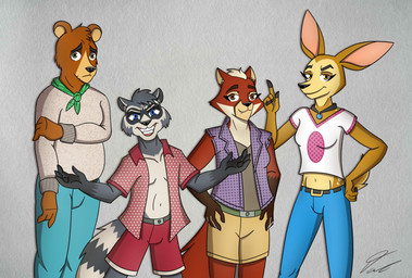 anthro blue_bottomwear blue_clothing blue_eyes blue_jeans blue_pants bottomwear brown_body brown_eyes brown_fur clothed clothing denim denim_bottomwear denim_clothing female fur gesture grey_background grey_body grey_fur grin group hand_gesture hand_on_hip hand_on_own_hip hands_on_own_hips holding_own_arm jeans jewelry kerchief lineup looking_at_viewer male markings midriff neckerchief necklace neckwear open_clothing open_shirt open_topwear pants pink_clothing pink_inner_ear pink_shirt pink_t-shirt pink_topwear purple_clothing purple_topwear purple_vest raised_finger raised_index_finger red_body red_bottomwear red_clothing red_fur red_shirt red_shorts red_topwear ring_(marking) ringed_tail shirt shorts shy simple_background smile spread_arms standing striped_markings striped_tail stripes t-shirt tail tail_markings tan_bottomwear tan_clothing tan_shorts topwear v-neck vest white_sweatshirt the_real_mr._big_d_98 mating_season_(series) fawn_(mating_season) josh_(mating_season) penelope_(mating_season) ray_(mating_season) bear brown_bear canid canine deer fox grizzly_bear mammal procyonid raccoon red_fox true_fox ursine 2025 colored digital_drawing_(artwork) digital_media_(artwork) hi_res signature