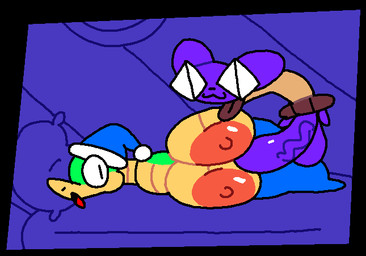 anthro areola balls bed big_areola big_balls big_breasts big_penis blue_clothing blue_hat blue_headwear bodily_fluids breast_play breasts clothing cum cum_on_breasts cum_on_face duo ejaculation erection female furniture genital_fluids genitals glans hat hat_only headgear headgear_only headwear headwear_only huge_balls huge_penis humanoid_genitalia humanoid_penis hyper hyper_balls hyper_genitalia hyper_penis looking_at_viewer male male/female mostly_nude nightcap nipples orgasm penis purple_balls purple_glans purple_penis sex size_difference titfuck superiorfox bob_(superiorfox) lucy_swallows alien domestic_cat felid feline felis mammal reptile scalie snake animated