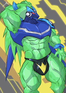 abs anthro armor big_muscles bulge clothing cybernetics detailed_bulge genitals glowing glowing_body glowing_eyes green_body hair humanoid_genitalia humanoid_penis long_hair machine male male_anthro muscular muscular_anthro muscular_male penis red_eyes simple_background solo thong underwear geryorias capcom mega_man_(series) mega_man_star_force omega-xis alien cyborg digital_creature em_being absurd_res hi_res