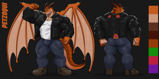 anthro big_muscles boots bottomwear clothed clothed_anthro clothed_male clothing denim denim_bottomwear denim_clothing footwear green_eyes horn huge_muscles jacket jeans leather leather_clothing leather_jacket leather_topwear male membrane_(anatomy) membranous_wings muscular muscular_anthro muscular_arms muscular_male muscular_thighs orange_body orange_scales pants plated_scales scales shoes solo tail topwear wings wolfblack43 mythology wings_of_fire petzoqui dragon mudwing_(wof) mythological_creature mythological_scalie scalie absurd_res hi_res model_sheet