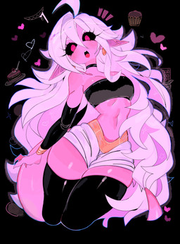 armwear black_background black_sclera blush bodily_fluids breasts cleavage clothed clothing elbow_gloves female gloves handwear legwear looking_at_viewer not_furry one_eye_closed open_mouth pink_body pink_skin pointy_ears saliva simple_background solo thigh_highs tongue usa37107692 dragon_ball dragon_ball_fighterz android_21 majin_android_21 humanoid majin hi_res