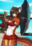 anthro beach clothed clothing cloud female holding_object holding_umbrella looking_at_viewer outside seaside skimpy sky solo umbrella villdyr_(artist) 2k_games borderlands scout_(miko-chan) canid canine canis domestic_dog mammal hi_res