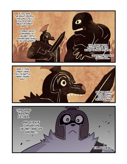 3_panel_comic anthro armor dialogue flashback frown fur grey_body grey_fur group headgear helmet holding_melee_weapon holding_object holding_shield holding_sword holding_weapon inner_monologue male melee_weapon open_mouth sharp_teeth shield sword teeth text thinking trio weapon t0l0k antigonus_(t0l0k) canid canine canis mammal wolf comic english_text hi_res multiple_scenes