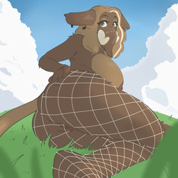 anthro anus areola big_breasts biped breasts brown_body brown_fur clothing cloud female fishnet_clothing fishnet_legwear fur grass huge_breasts legwear looking_at_viewer looking_back looking_back_at_viewer nipples nude piercing plant proboscis_(anatomy) pupils side_boob sky skyscape solo tail trunk_(anatomy) tusks anselme janevieve_(anselme) elephantid mammal mammoth prehistoric_species proboscidean 1:1 2025 absurd_res hi_res