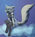 anthro black_nose cloud detailed_background femboy fur fur_markings green_eyes hair looking_up male markings navel night sitting sky smile solo star starry_sky haylapick hayla canid canine felid feline hybrid mammal 2021 hi_res