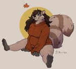 anthro big_tail blush breasts clothed clothing ear_piercing female female_anthro full_foot_pawpads fur hair leaf piercing simple_background sitting slightly_chubby slightly_chubby_female smile solo tail jezzlen lycoon_(yuckydizzy) mammal procyonid raccoon hi_res