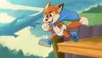 anthro cape clean_diaper clothed clothing diaper footwear grass male open_mouth outside pier plant running shoes solo teeth tree wearing_diaper young young_anthro baltnwolf lucky's_tale_(series) lucky_swiftail canid canine fox mammal hi_res