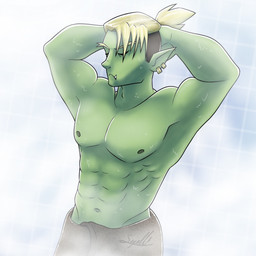 abs bathing blonde_hair hair hands_behind_head humanoid_pointy_ears male muscular muscular_humanoid muscular_male navel nipples pointy_ears raised_arm shower showering solo towel towel_only underbite undercut goldendragon22 drawfee_(copyright) drawtectives gyorik_rogdul humanoid orc 1:1 hi_res
